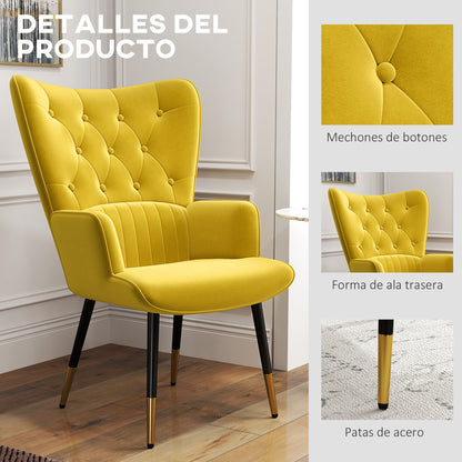Single Armchair for Bedroom Living Room Upholstered in Velvet with High Backrest Armrests and Steel Legs Modern Style 68x72x103 cm Yellow