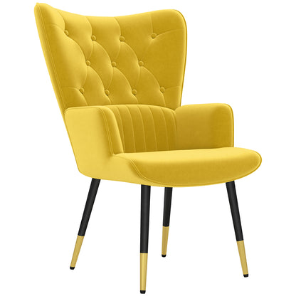 Single Armchair for Bedroom Living Room Upholstered in Velvet with High Backrest Armrests and Steel Legs Modern Style 68x72x103 cm Yellow