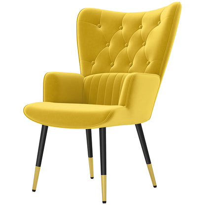 Single Armchair for Bedroom Living Room Upholstered in Velvet with High Backrest Armrests and Steel Legs Modern Style 68x72x103 cm Yellow