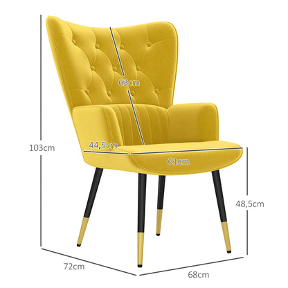 Single Armchair for Bedroom Living Room Upholstered in Velvet with High Backrest Armrests and Steel Legs Modern Style 68x72x103 cm Yellow