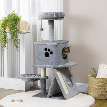Cat Scratching Tree Height 111 cm Cat Tower with Bed Cave Hammock Hanging Ball Sisal Posts and Ramp 50x40x111 cm Gray