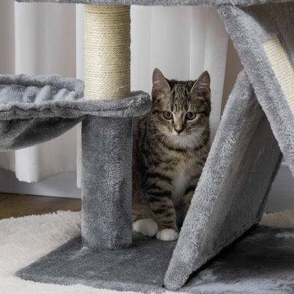 Cat Scratching Tree Height 111 cm Cat Tower with Bed Cave Hammock Hanging Ball Sisal Posts and Ramp 50x40x111 cm Gray
