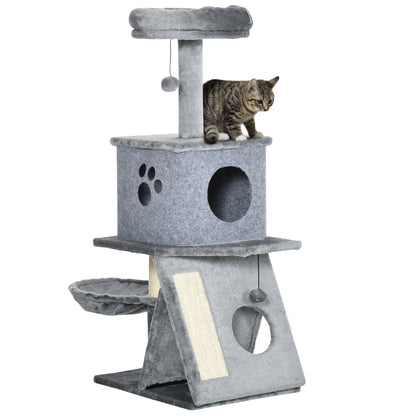 Cat Scratching Tree Height 111 cm Cat Tower with Bed Cave Hammock Hanging Ball Sisal Posts and Ramp 50x40x111 cm Gray