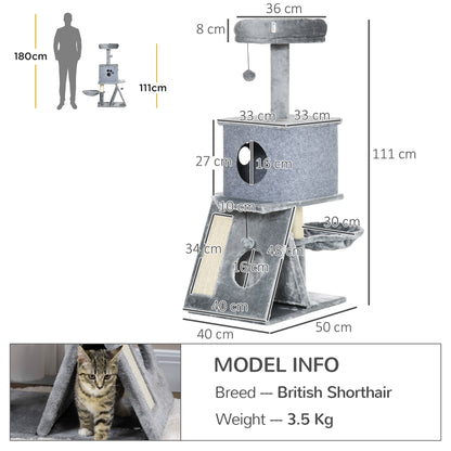 Cat Scratching Tree Height 111 cm Cat Tower with Bed Cave Hammock Hanging Ball Sisal Posts and Ramp 50x40x111 cm Gray