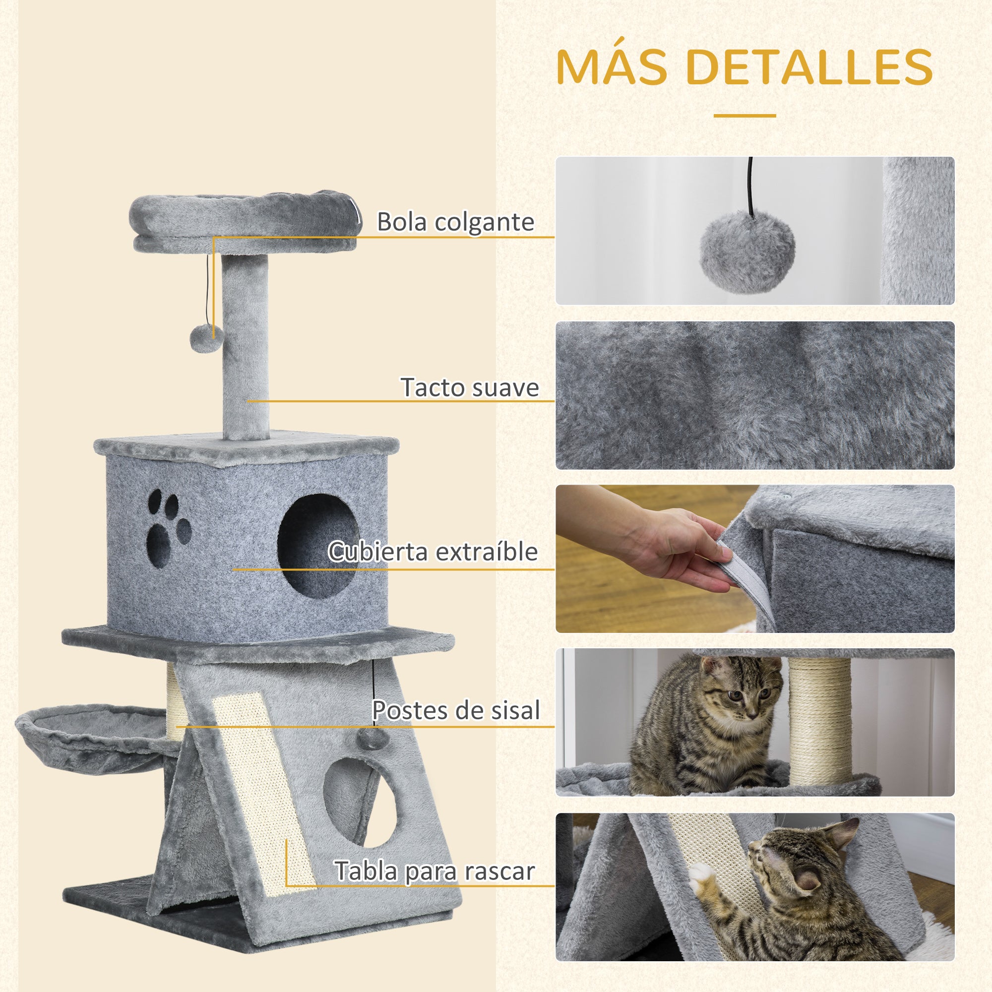 Cat Scratching Tree Height 111 cm Cat Tower with Bed Cave Hammock Hanging Ball Sisal Posts and Ramp 50x40x111 cm Gray