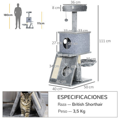 Cat Scratching Tree Height 111 cm Cat Tower with Bed Cave Hammock Hanging Ball Sisal Posts and Ramp 50x40x111 cm Gray