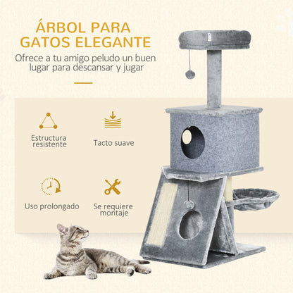 Cat Scratching Tree Height 111 cm Cat Tower with Bed Cave Hammock Hanging Ball Sisal Posts and Ramp 50x40x111 cm Gray