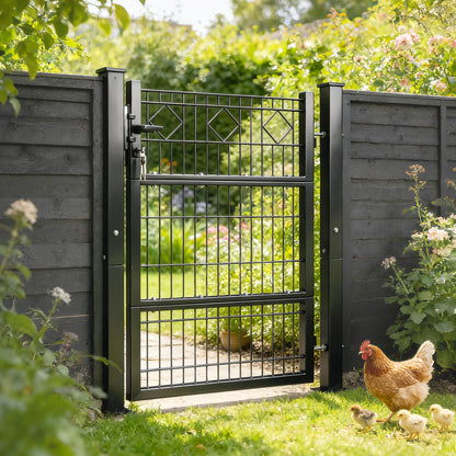 Galvanized Metal Garden Gate 39.4 x 51.6 in with Handle, Lock & 3 Keys, 2 Posts - Dark Gray