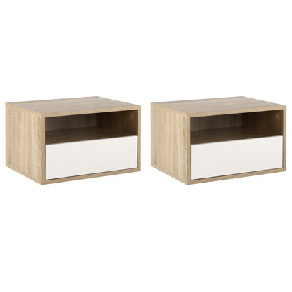 Set of 2 Suspended Bedside Tables in Wood with Drawer and Open Shelf, Modern Design 45x35x27.5cm, White and Wood Color