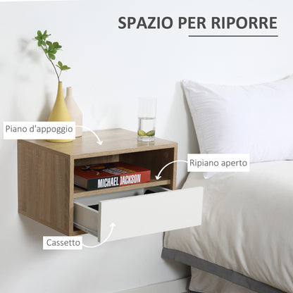 Set of 2 Suspended Bedside Tables in Wood with Drawer and Open Shelf, Modern Design 45x35x27.5cm, White and Wood Color
