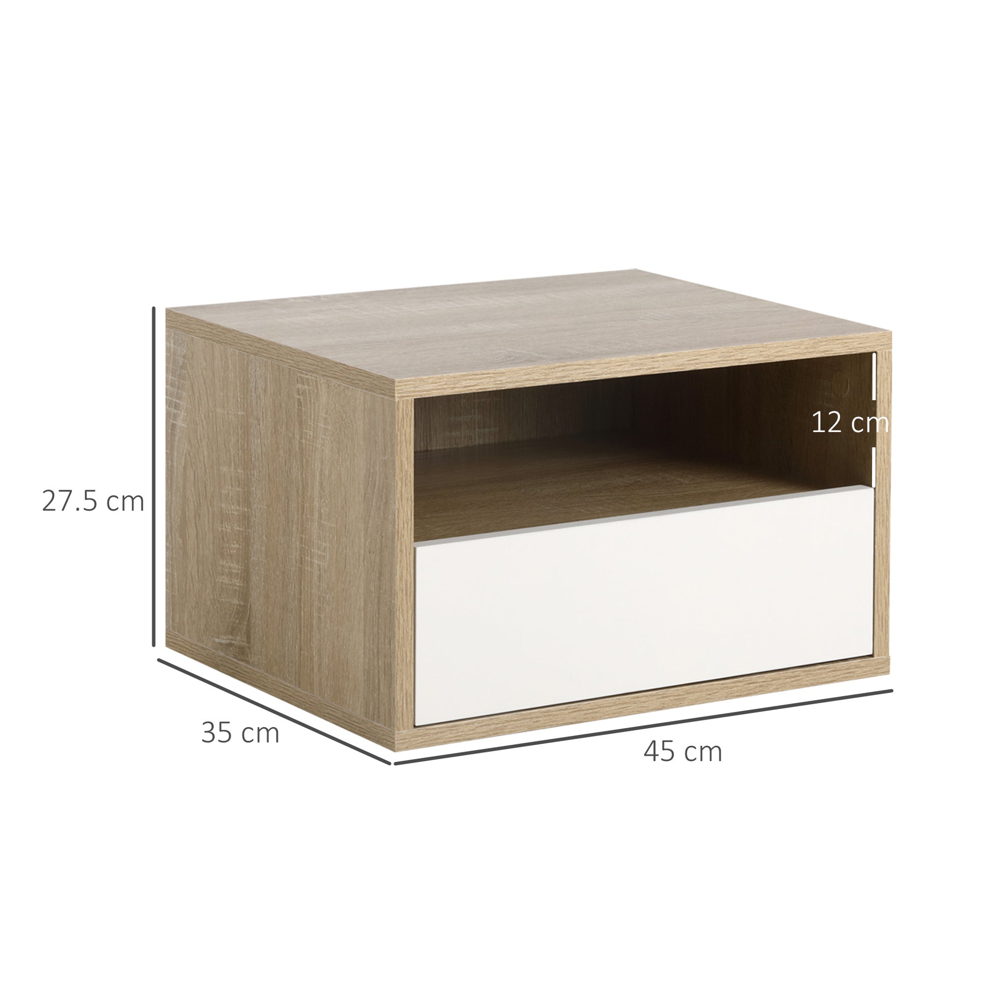 Set of 2 Suspended Bedside Tables in Wood with Drawer and Open Shelf, Modern Design 45x35x27.5cm, White and Wood Color