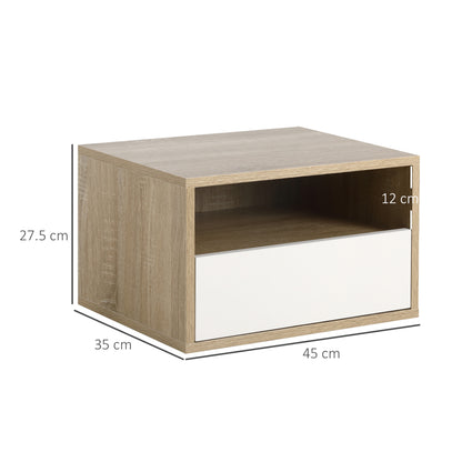 Set of 2 Suspended Bedside Tables in Wood with Drawer and Open Shelf, Modern Design 45x35x27.5cm, White and Wood Color