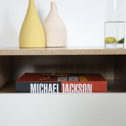 Set of 2 Suspended Bedside Tables in Wood with Drawer and Open Shelf, Modern Design 45x35x27.5cm, White and Wood Color