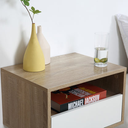 Set of 2 Suspended Bedside Tables in Wood with Drawer and Open Shelf, Modern Design 45x35x27.5cm, White and Wood Color