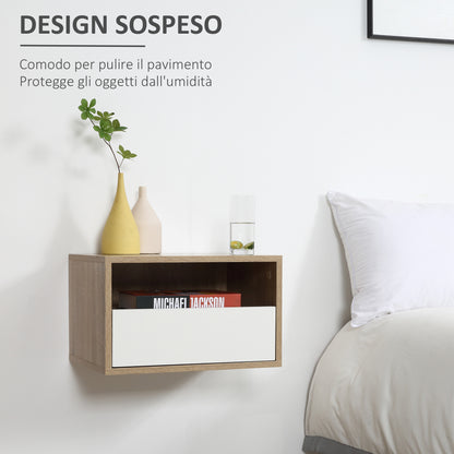 Set of 2 Suspended Bedside Tables in Wood with Drawer and Open Shelf, Modern Design 45x35x27.5cm, White and Wood Color