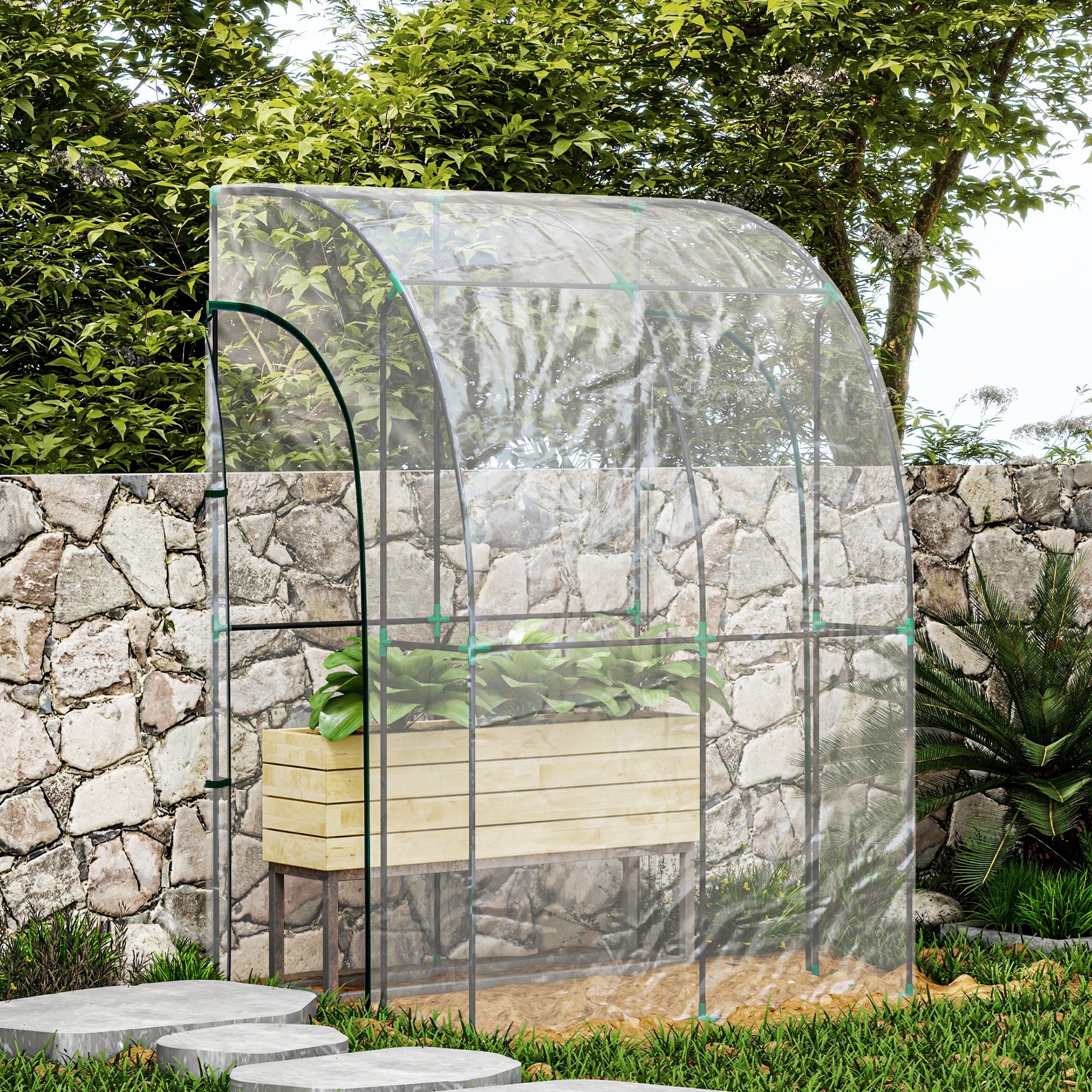 Lean-To Garden Greenhouse, Balcony Greenhouse, Reinforced PVC Tarpaulin, Steel Frame, 2 Roll-Up Zippered Doors, for Vegetables Plants Flowers, Indoor and Outdoor, 143x118x212cm, Transparent