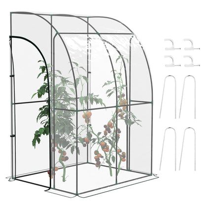 Lean-To Garden Greenhouse, Balcony Greenhouse, Reinforced PVC Tarpaulin, Steel Frame, 2 Roll-Up Zippered Doors, for Vegetables Plants Flowers, Indoor and Outdoor, 143x118x212cm, Transparent