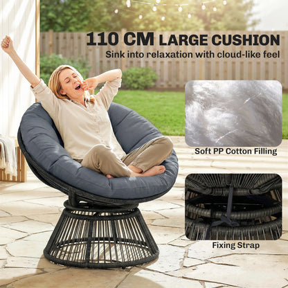 360° Swivel Papasan Chair — Round Polyrattan Lounger with Cushion, Steel Frame — Gray