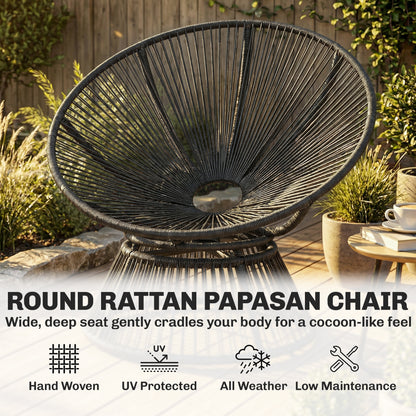 360° Swivel Papasan Chair — Round Polyrattan Lounger with Cushion, Steel Frame — Gray