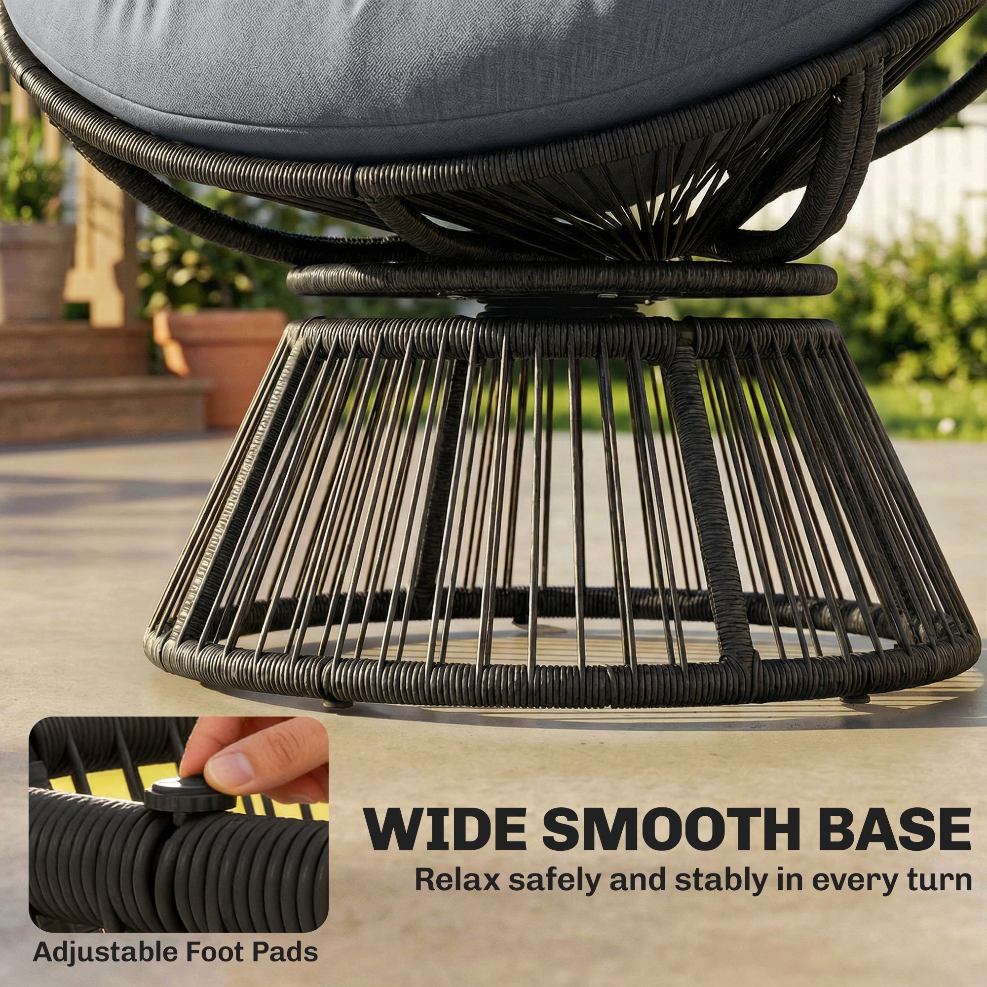 360° Swivel Papasan Chair — Round Polyrattan Lounger with Cushion, Steel Frame — Gray