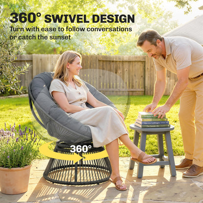 360° Swivel Papasan Chair — Round Polyrattan Lounger with Cushion, Steel Frame — Gray