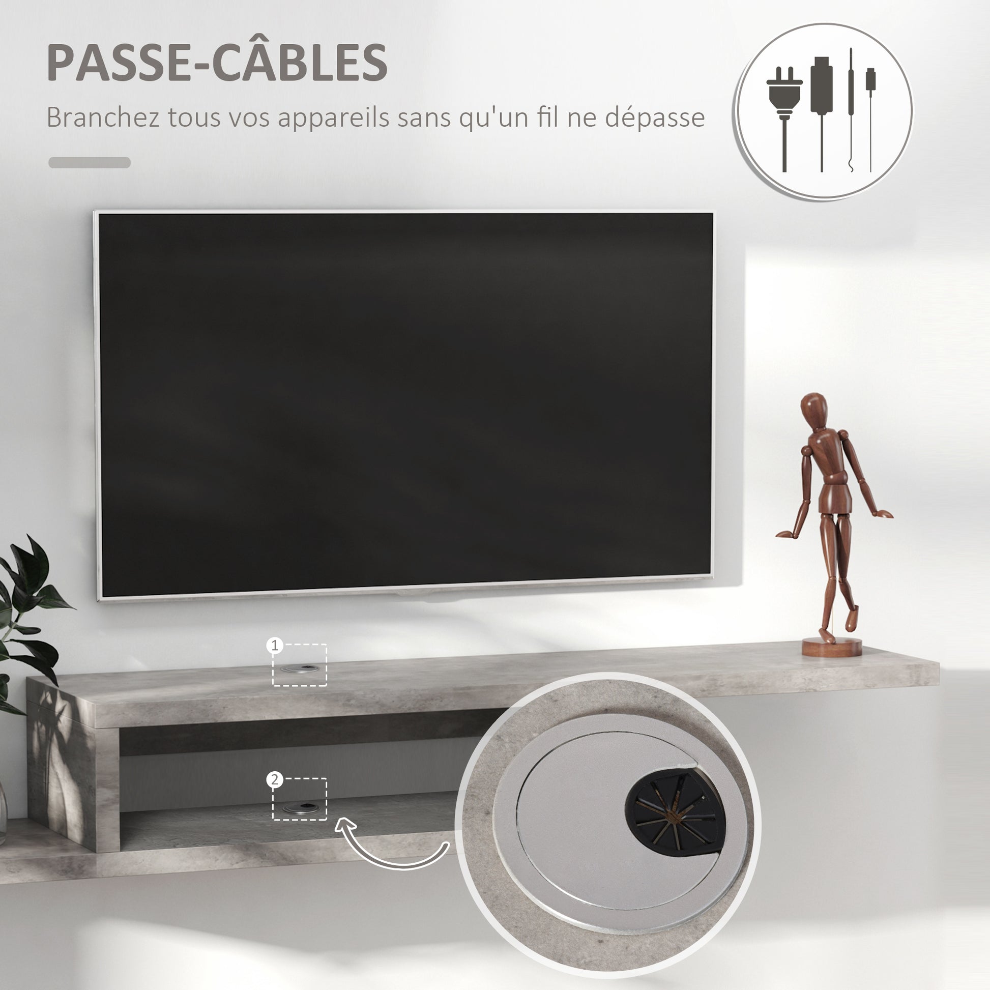 Floating Wall-Mounted TV Stand TV Stand - Floating Wall Shelf - Niche, Cable Holes - Gray