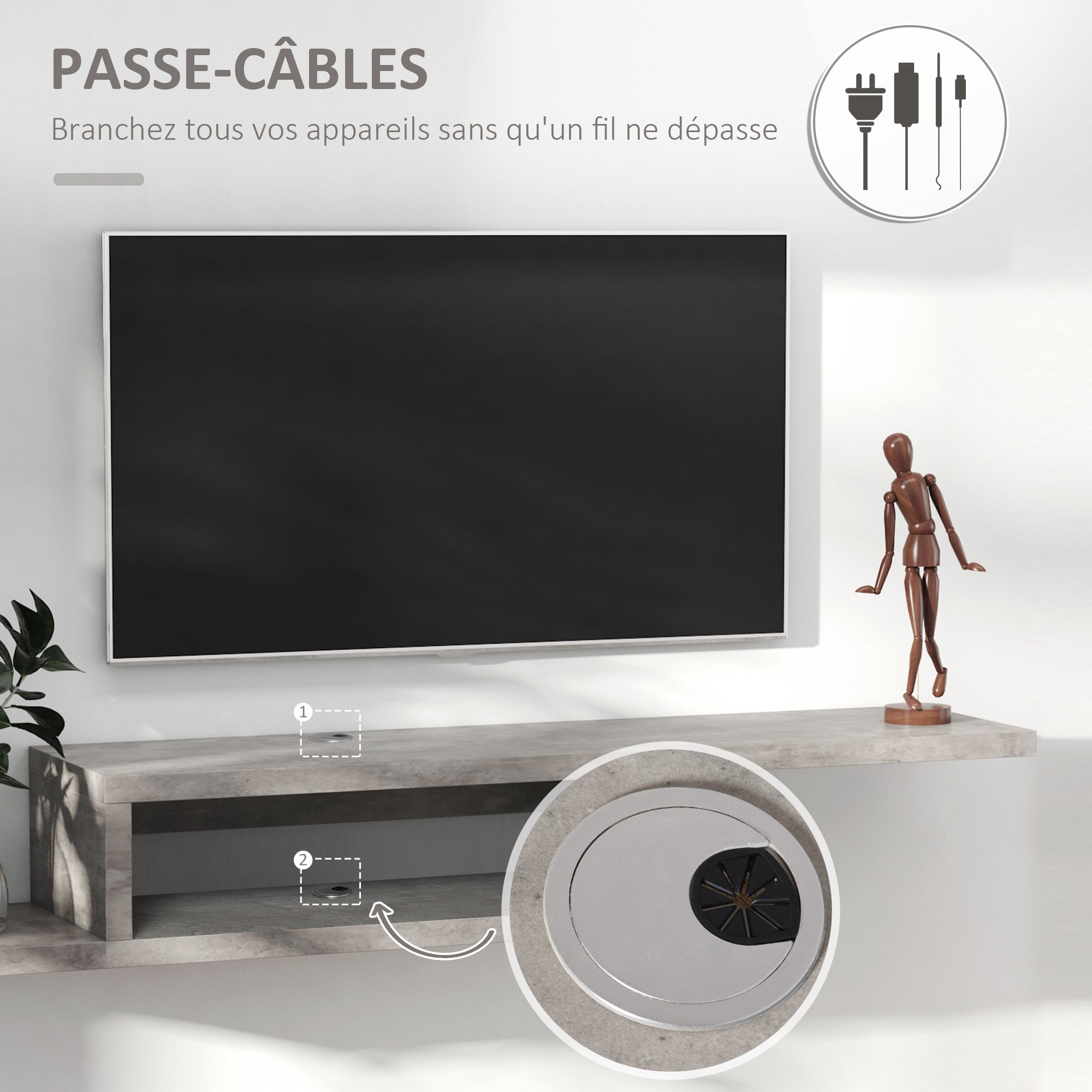 Floating Wall-Mounted TV Stand TV Stand - Floating Wall Shelf - Niche, Cable Holes - Gray