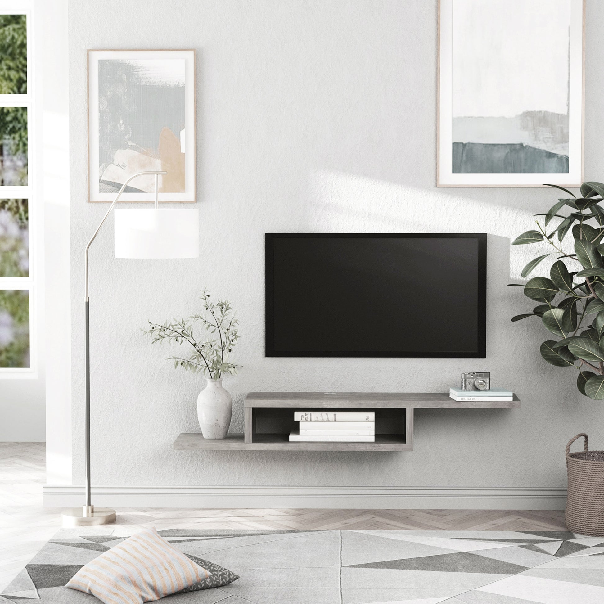 Floating Wall-Mounted TV Stand TV Stand - Floating Wall Shelf - Niche, Cable Holes - Gray