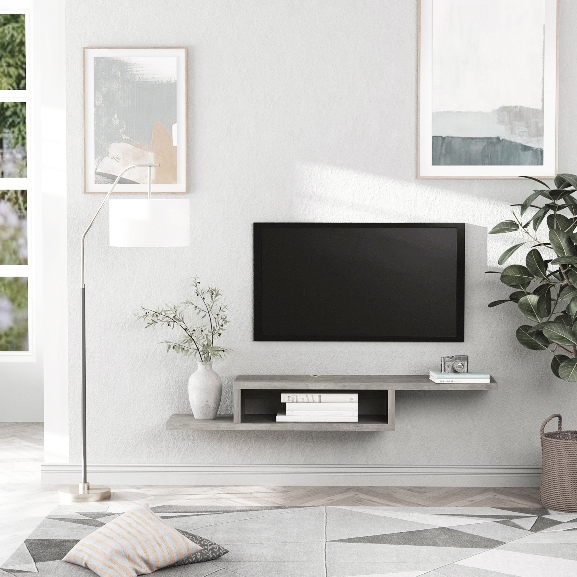 Floating Wall-Mounted TV Stand TV Stand - Floating Wall Shelf - Niche, Cable Holes - Gray