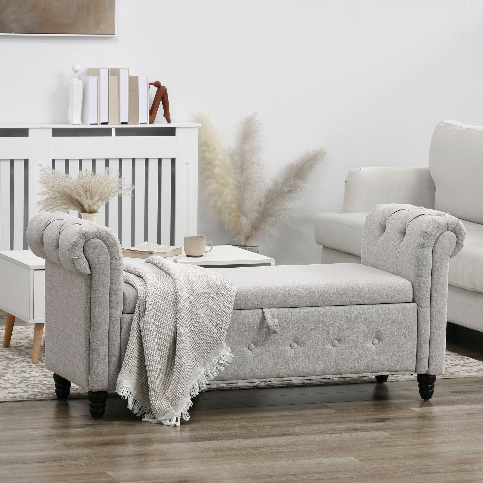 Storage Bench, End of Bed, Linen-Look Storage Chest with Wooden Legs, 146.5 x 49 x 72 cm, Gray