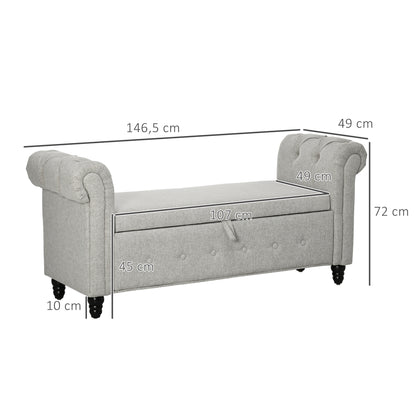 Storage Bench, End of Bed, Linen-Look Storage Chest with Wooden Legs, 146.5 x 49 x 72 cm, Gray