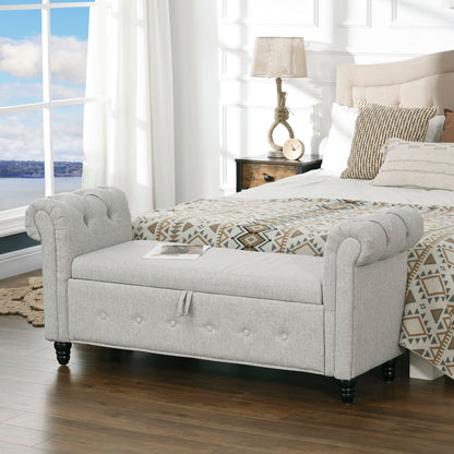 Storage Bench, End of Bed, Linen-Look Storage Chest with Wooden Legs, 146.5 x 49 x 72 cm, Gray