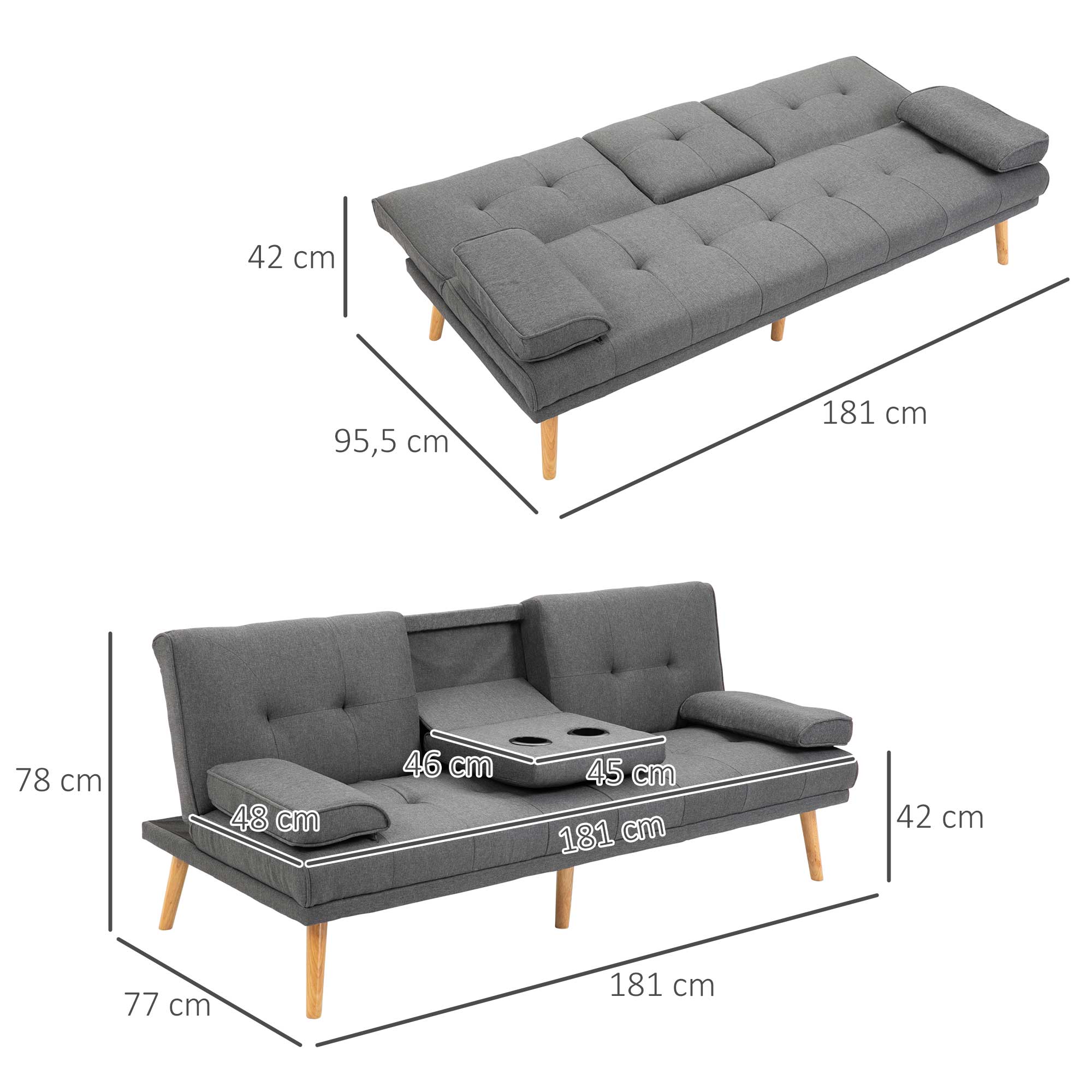 Sleeper Sofa, 3-Seater Sofa Bed with Folding Table, Cup Holder, Sofa Bed with Linen Look, in Scandinavian Design, Up to 250 kg Load Capacity, for Living Room, Dark Gray