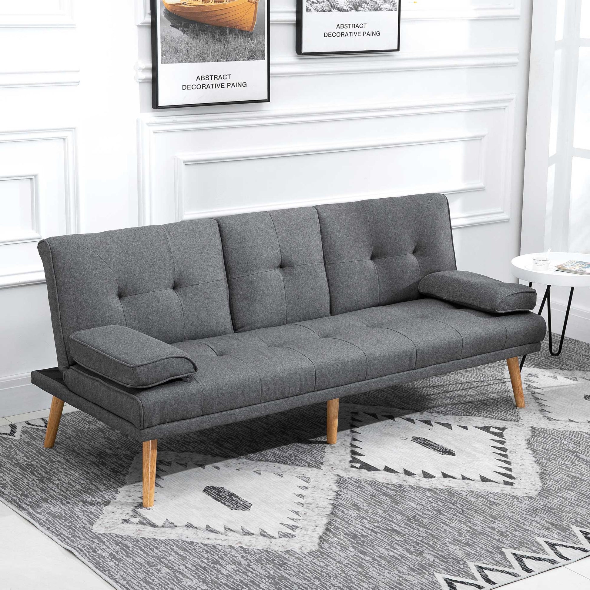 Sleeper Sofa, 3-Seater Sofa Bed with Folding Table, Cup Holder, Sofa Bed with Linen Look, in Scandinavian Design, Up to 250 kg Load Capacity, for Living Room, Dark Gray