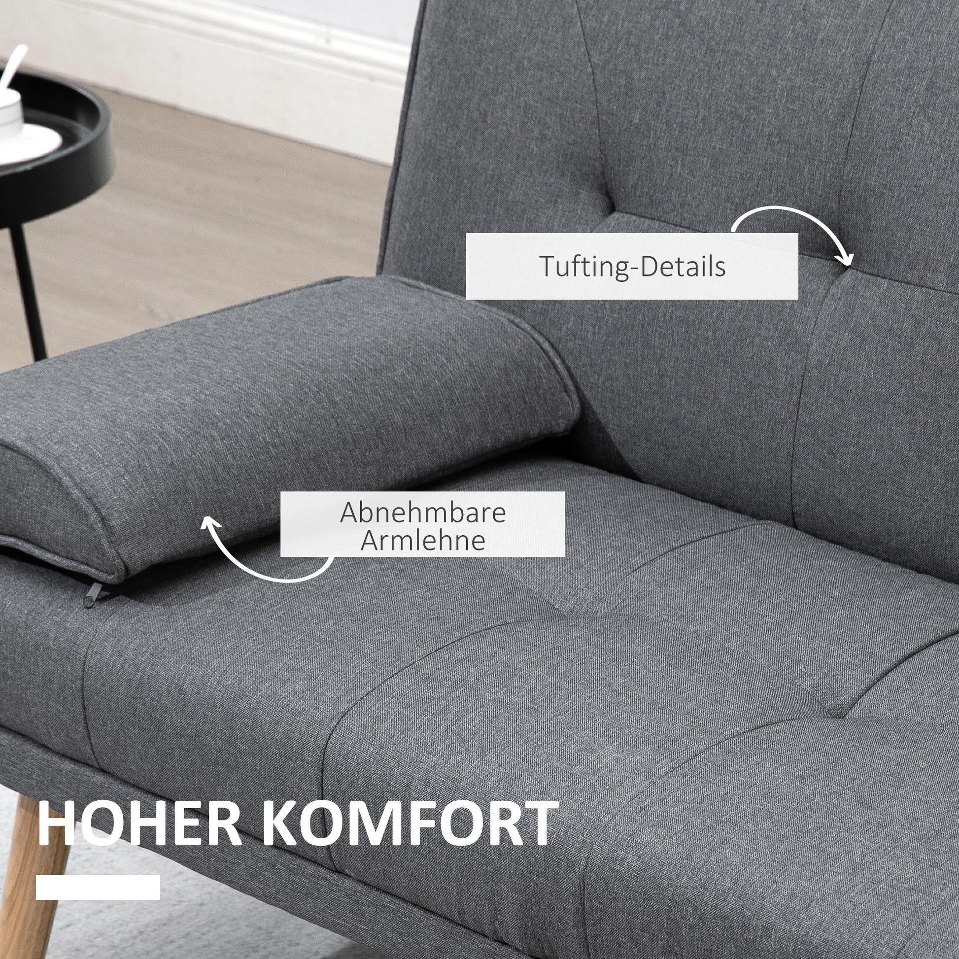 Sleeper Sofa, 3-Seater Sofa Bed with Folding Table, Cup Holder, Sofa Bed with Linen Look, in Scandinavian Design, Up to 250 kg Load Capacity, for Living Room, Dark Gray