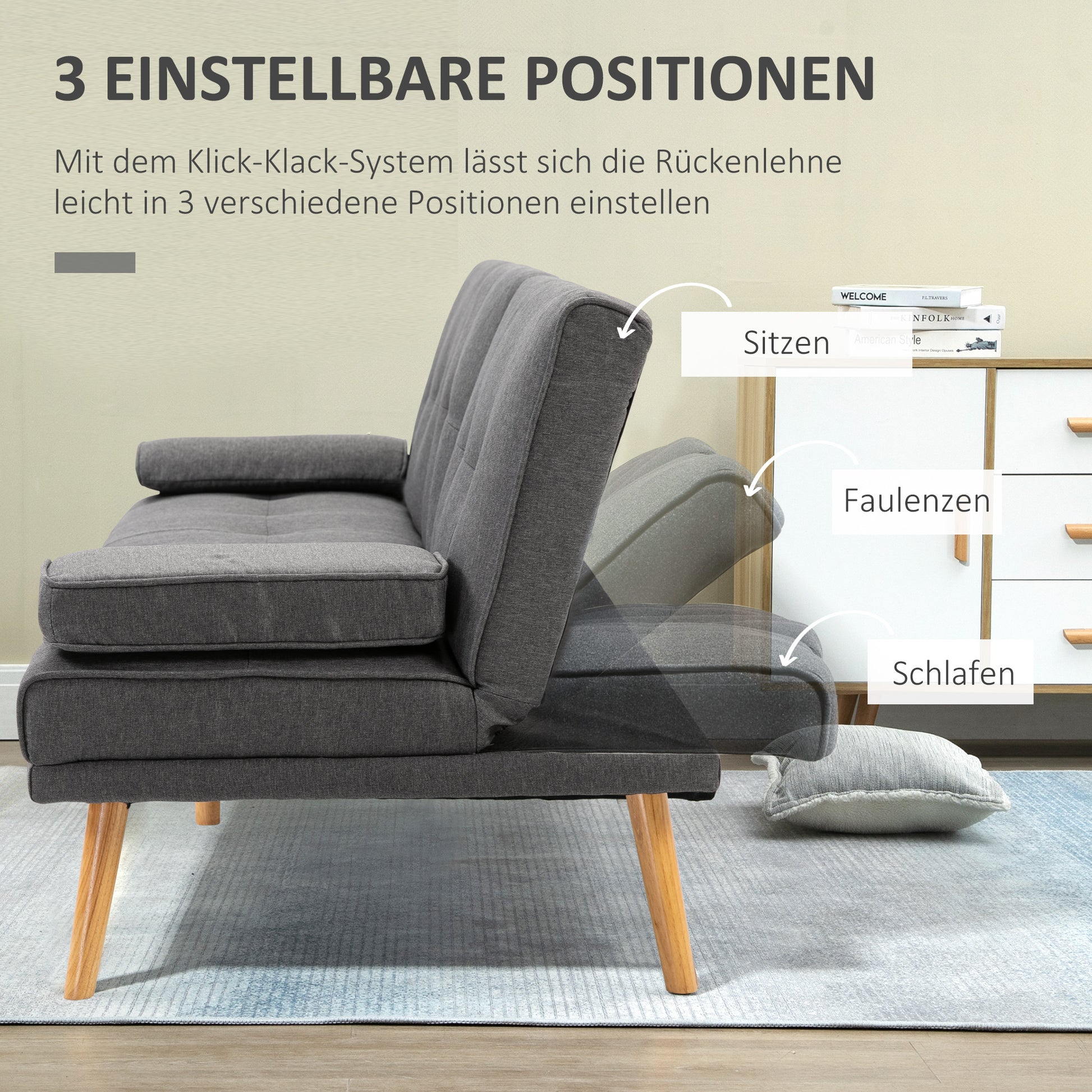 Sleeper Sofa, 3-Seater Sofa Bed with Folding Table, Cup Holder, Sofa Bed with Linen Look, in Scandinavian Design, Up to 250 kg Load Capacity, for Living Room, Dark Gray