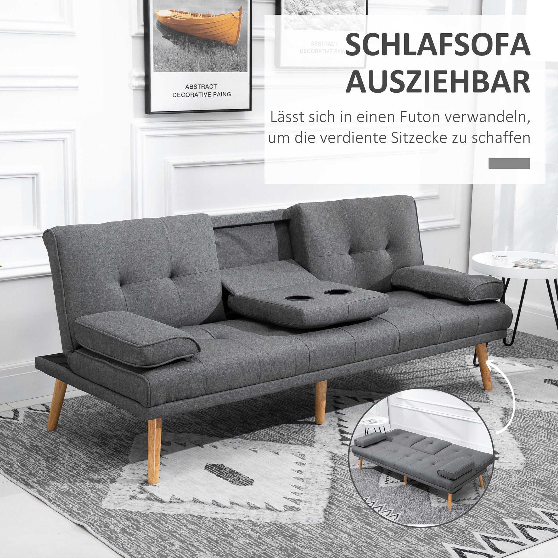 Sleeper Sofa, 3-Seater Sofa Bed with Folding Table, Cup Holder, Sofa Bed with Linen Look, in Scandinavian Design, Up to 250 kg Load Capacity, for Living Room, Dark Gray