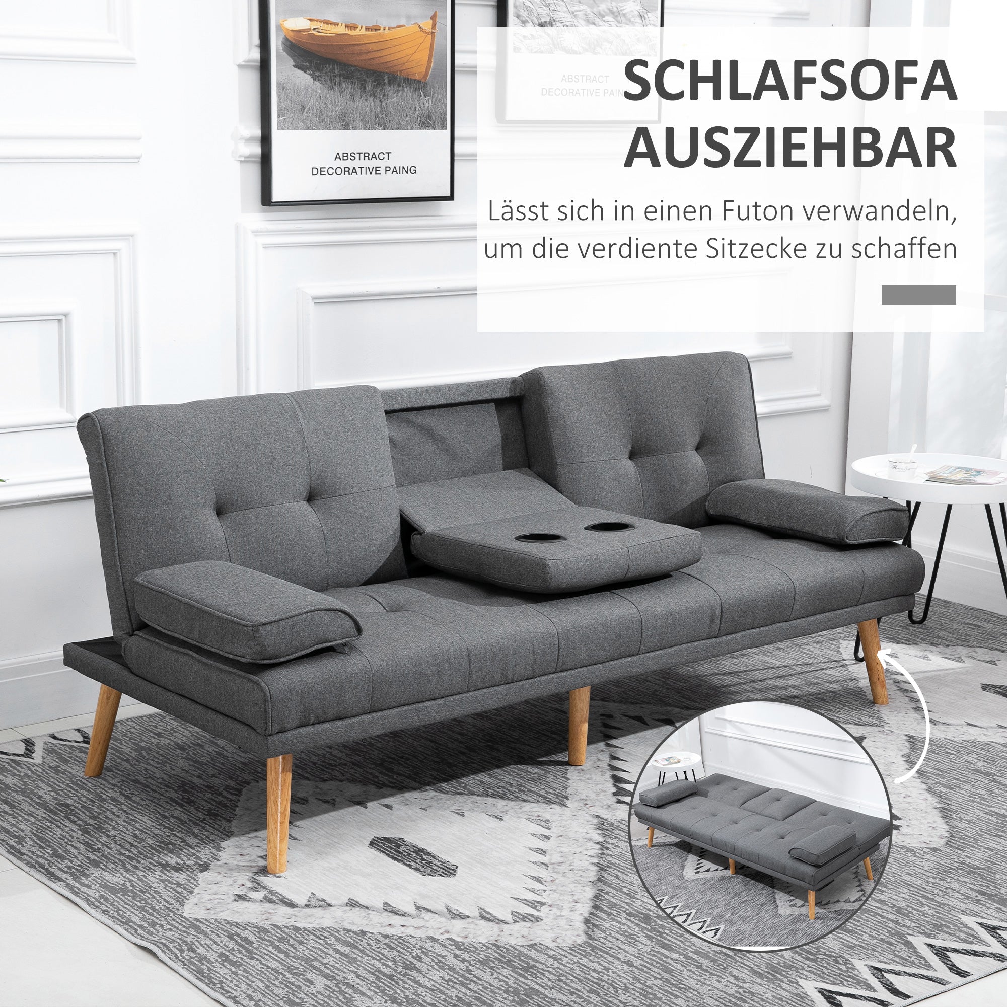 Sleeper Sofa, 3-Seater Sofa Bed with Folding Table, Cup Holder, Sofa Bed with Linen Look, in Scandinavian Design, Up to 250 kg Load Capacity, for Living Room, Dark Gray