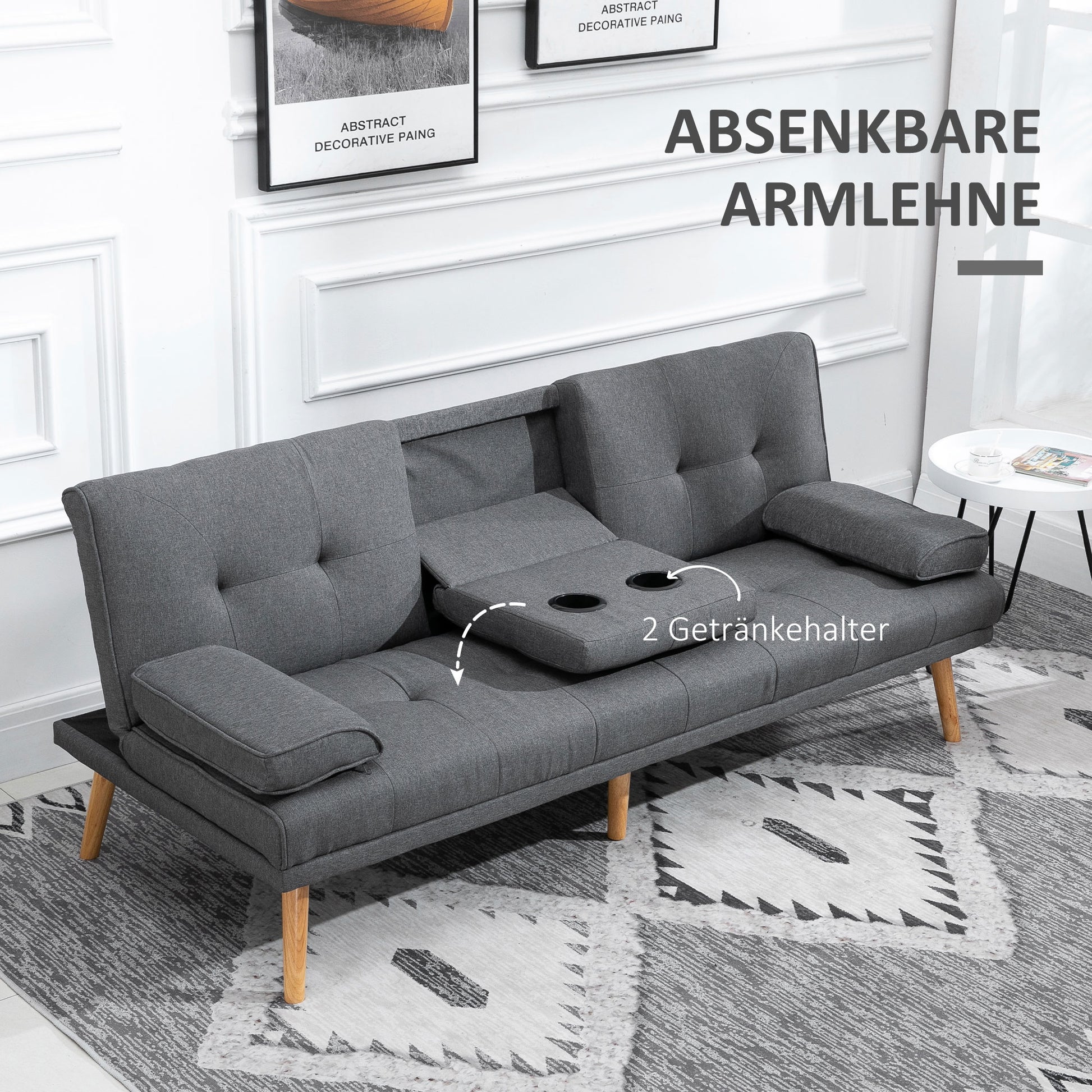 Sleeper Sofa, 3-Seater Sofa Bed with Folding Table, Cup Holder, Sofa Bed with Linen Look, in Scandinavian Design, Up to 250 kg Load Capacity, for Living Room, Dark Gray