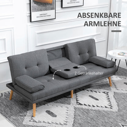 Sleeper Sofa, 3-Seater Sofa Bed with Folding Table, Cup Holder, Sofa Bed with Linen Look, in Scandinavian Design, Up to 250 kg Load Capacity, for Living Room, Dark Gray