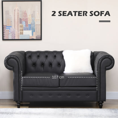 2-Seater Chesterfield Style Faux Leather Sofa, Quilted Loveseat with Armrests and Thick Padding, Sofa with Rubber Wood Legs for Living Room and Office, Black