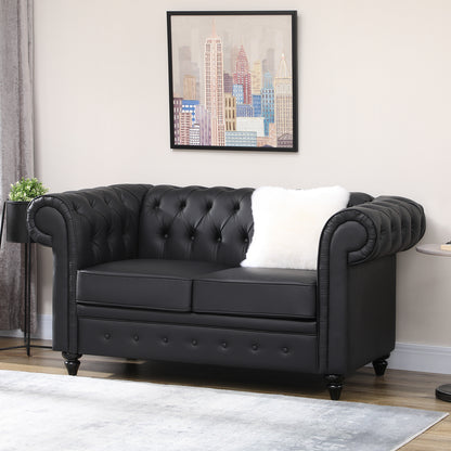 2-Seater Chesterfield Style Faux Leather Sofa, Quilted Loveseat with Armrests and Thick Padding, Sofa with Rubber Wood Legs for Living Room and Office, Black