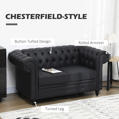 2-Seater Chesterfield Style Faux Leather Sofa, Quilted Loveseat with Armrests and Thick Padding, Sofa with Rubber Wood Legs for Living Room and Office, Black