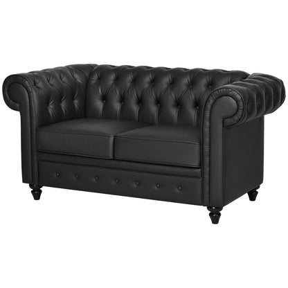 2-Seater Chesterfield Style Faux Leather Sofa, Quilted Loveseat with Armrests and Thick Padding, Sofa with Rubber Wood Legs for Living Room and Office, Black