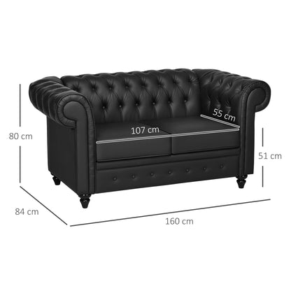 2-Seater Chesterfield Style Faux Leather Sofa, Quilted Loveseat with Armrests and Thick Padding, Sofa with Rubber Wood Legs for Living Room and Office, Black