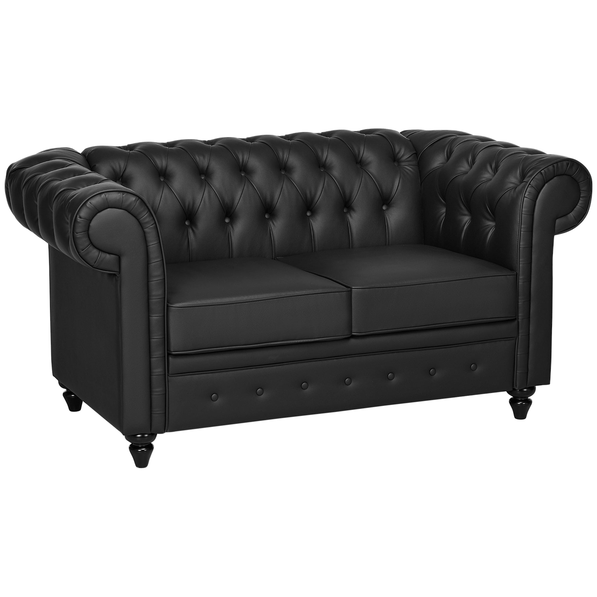 2-Seater Chesterfield Style Faux Leather Sofa, Quilted Loveseat with Armrests and Thick Padding, Sofa with Rubber Wood Legs for Living Room and Office, Black