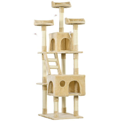 Large Cat Scratching Tree 60x50x181 cm with Multiple Scratching Posts Platforms Stairs Caves Toys Activity Center Beige