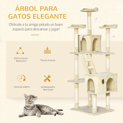 Large Cat Scratching Tree 60x50x181 cm with Multiple Scratching Posts Platforms Stairs Caves Toys Activity Center Beige