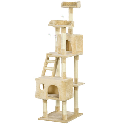 Large Cat Scratching Tree 60x50x181 cm with Multiple Scratching Posts Platforms Stairs Caves Toys Activity Center Beige