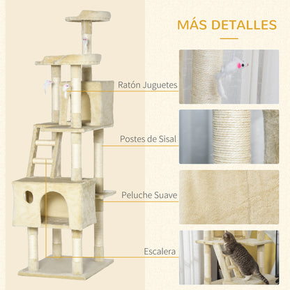 Large Cat Scratching Tree 60x50x181 cm with Multiple Scratching Posts Platforms Stairs Caves Toys Activity Center Beige
